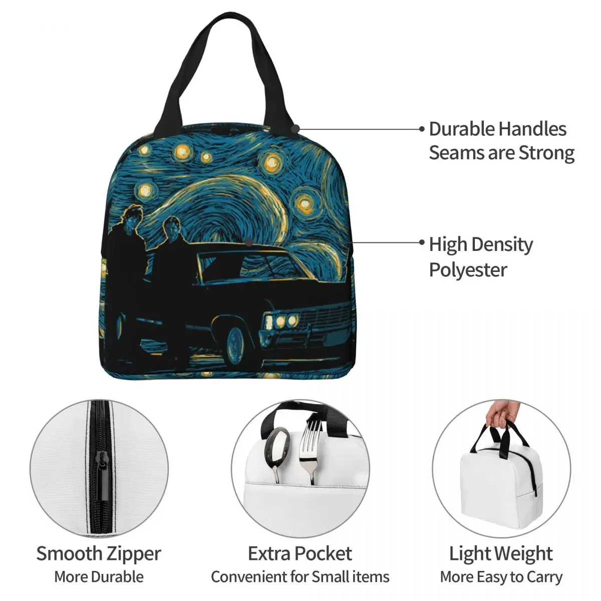 Supernatural Night Insulated Lunch Bags Thermal Bag Lunch Container High Capacity Lunch Box Tote Food Storage Bags Beach Travel