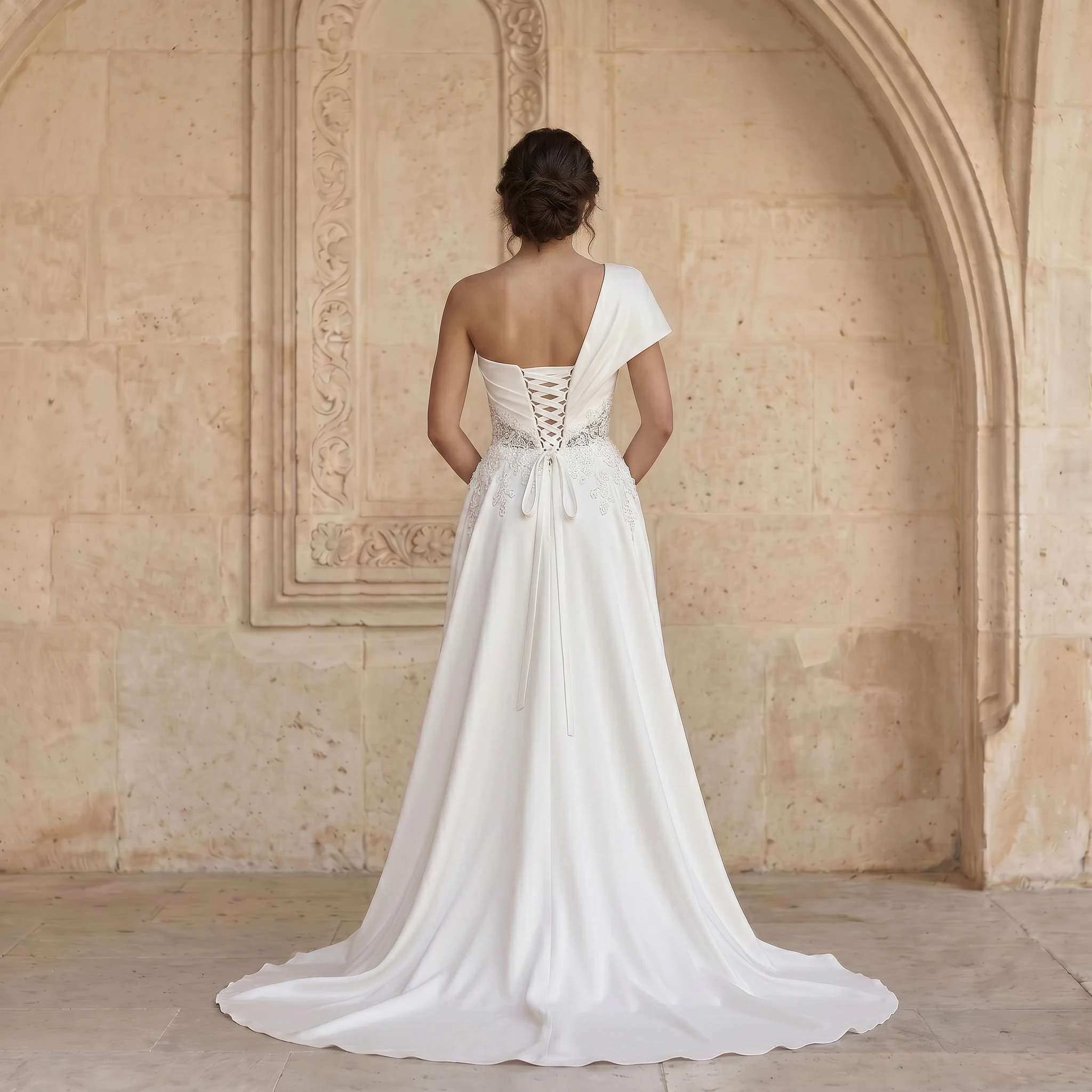One Shoulder Satin Mermaid Wedding Dress Floral Lace Waist Corset Lace Up Back Chapel Train Bridal Gown