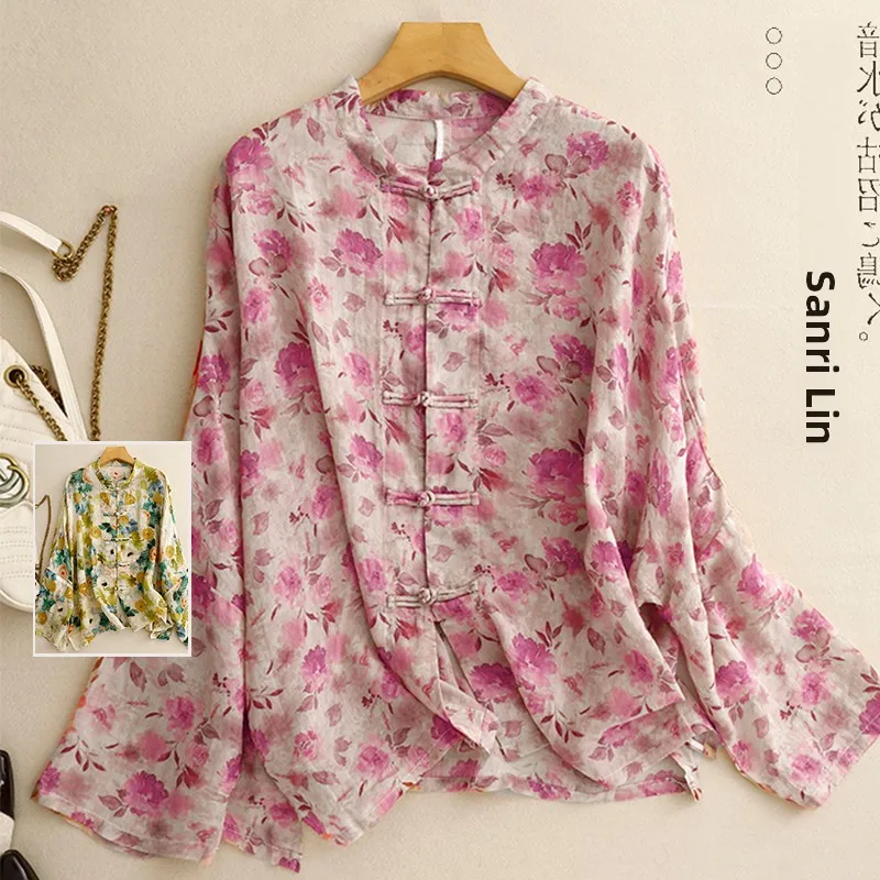 

Ранняя осень, новинка Sle Countryside Flax с маленьким цветком, длинная свеч irt, большой размер, женская традиционная китайская подставка на пуговицах...