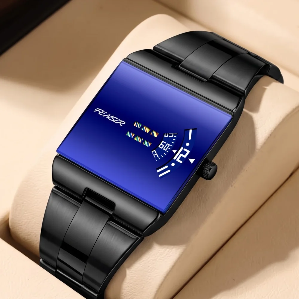Trendy Men's Square Steel Band Quartz Watch, Unique Time-Changing Dial Men's Watch, Business Versatile Waterproof Watch, Light Luxury Men's Watch for Daily Wear, Classic Punk Cool Versatile Gift Watch