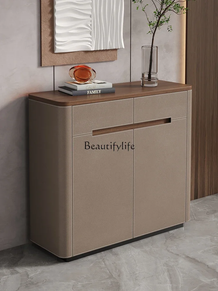 

yj19 Italian Style Saddle Leather Home Entrance Shoe Cabinet Large Capacity Storage Hallway Cabinet