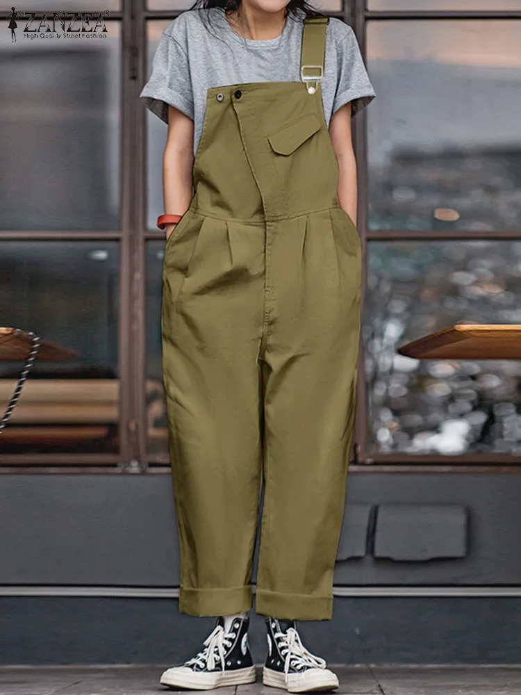 Women Cargo Jumpsuits 2024 Summer Long Playsuits ZANZEA Fashion Sleeveless Pockets Overalls Casual Loose Solid Color Rompers