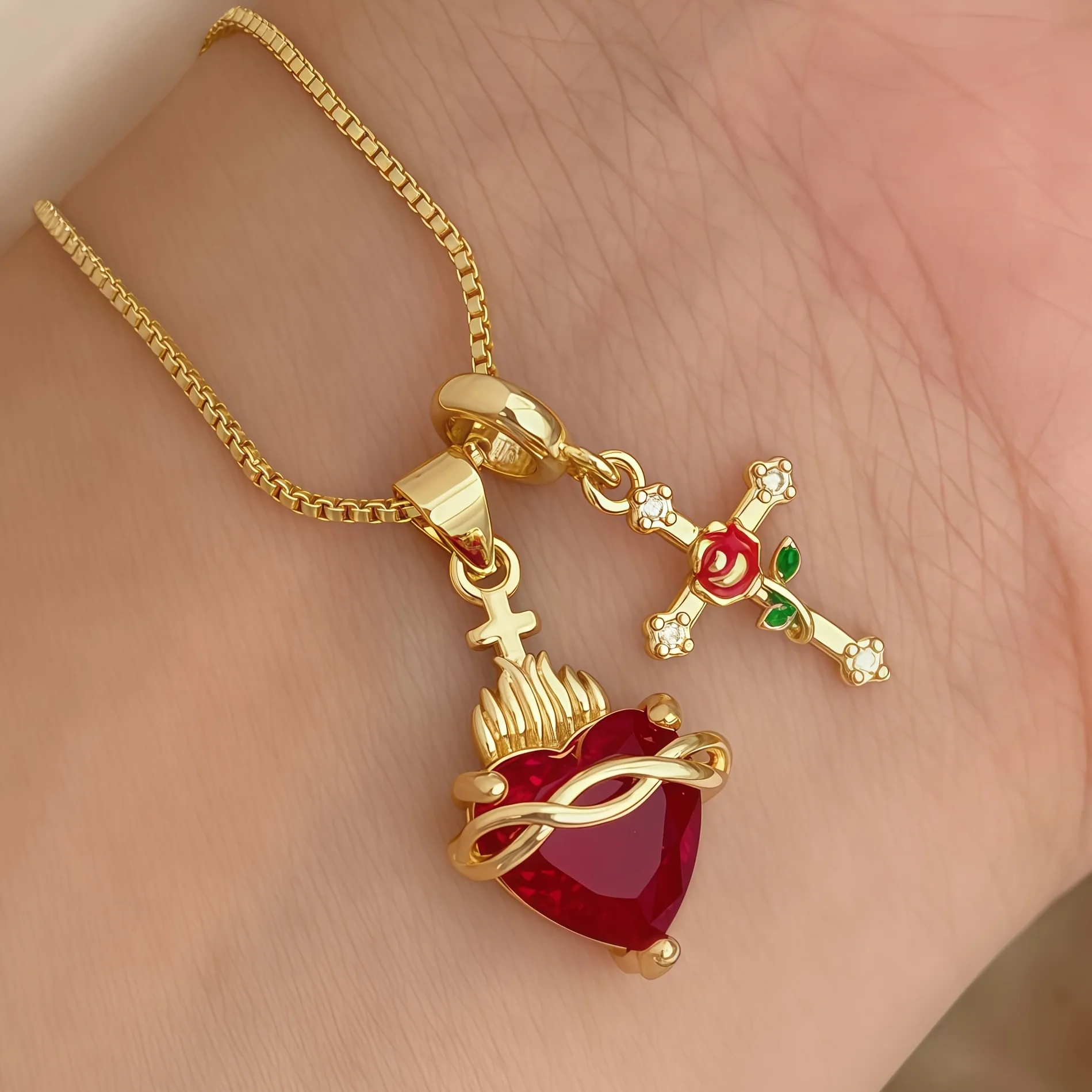 

Dainty Heart Rose Cross Multi Pendant Necklace For Ladies Trendy Daily Wear Collarbone Chain Fashion Aesthetic Women Accessories
