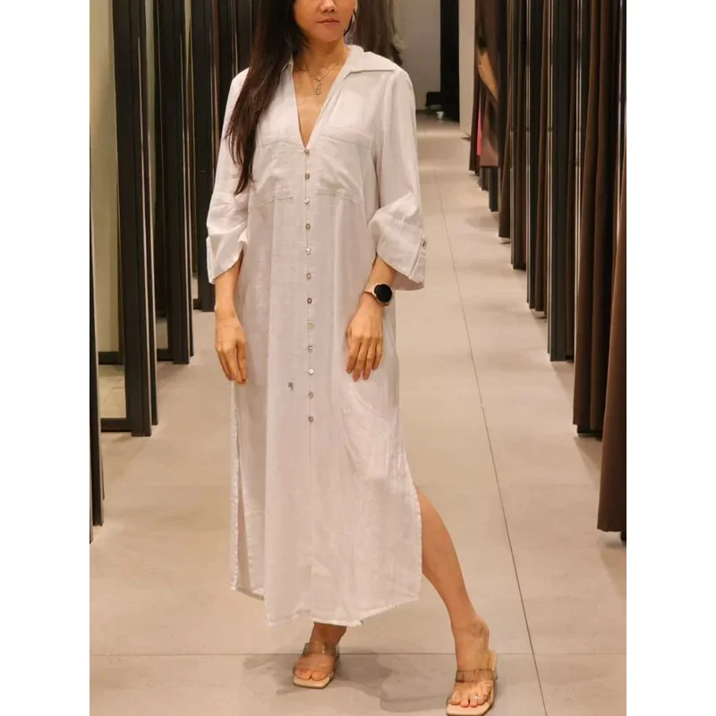 

Vintage Linen Women's Casual Fashion Dress Solid Color Button Detail Half Sleeve Slim Fit Long Straight Shirt Dress for Summer