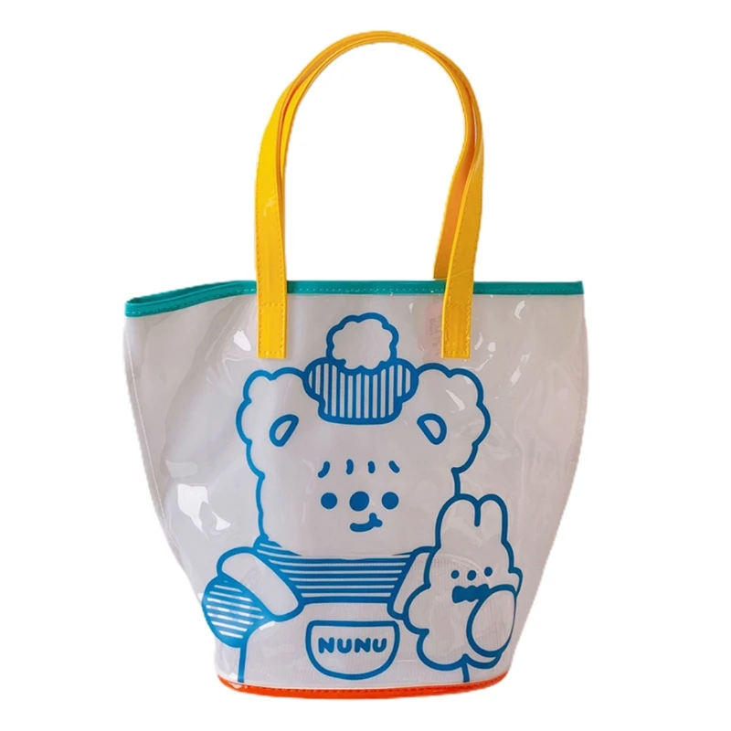 Women Girls Transparent PVC Jelly Beach Bag Colorful Cartoon Bear Rabbit Print Waterproof Clear Handbag with Handle Large