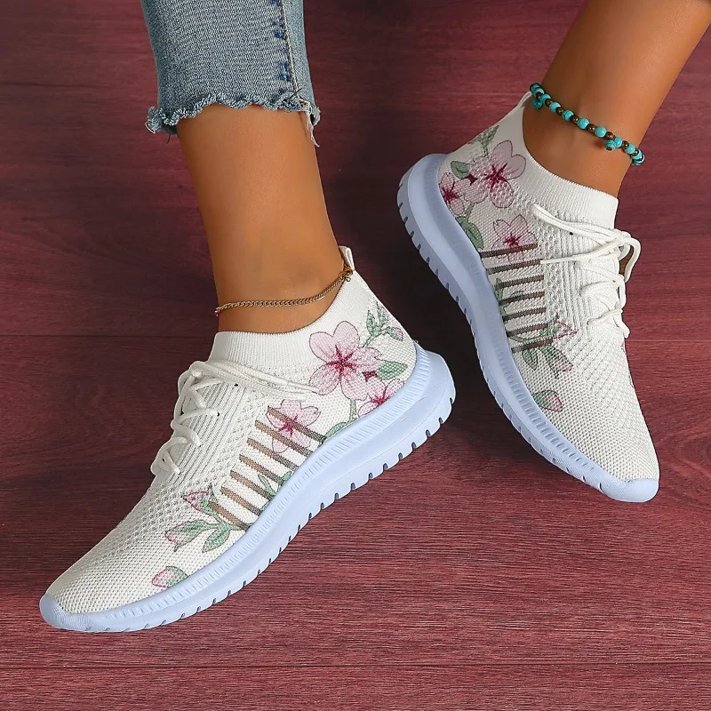 

Printed Knitting Flats Women 2025 Summer Lightweight Breathable Mesh Sneakers Woman Lace-Up Soft Sole Casual Walking Shoes 43