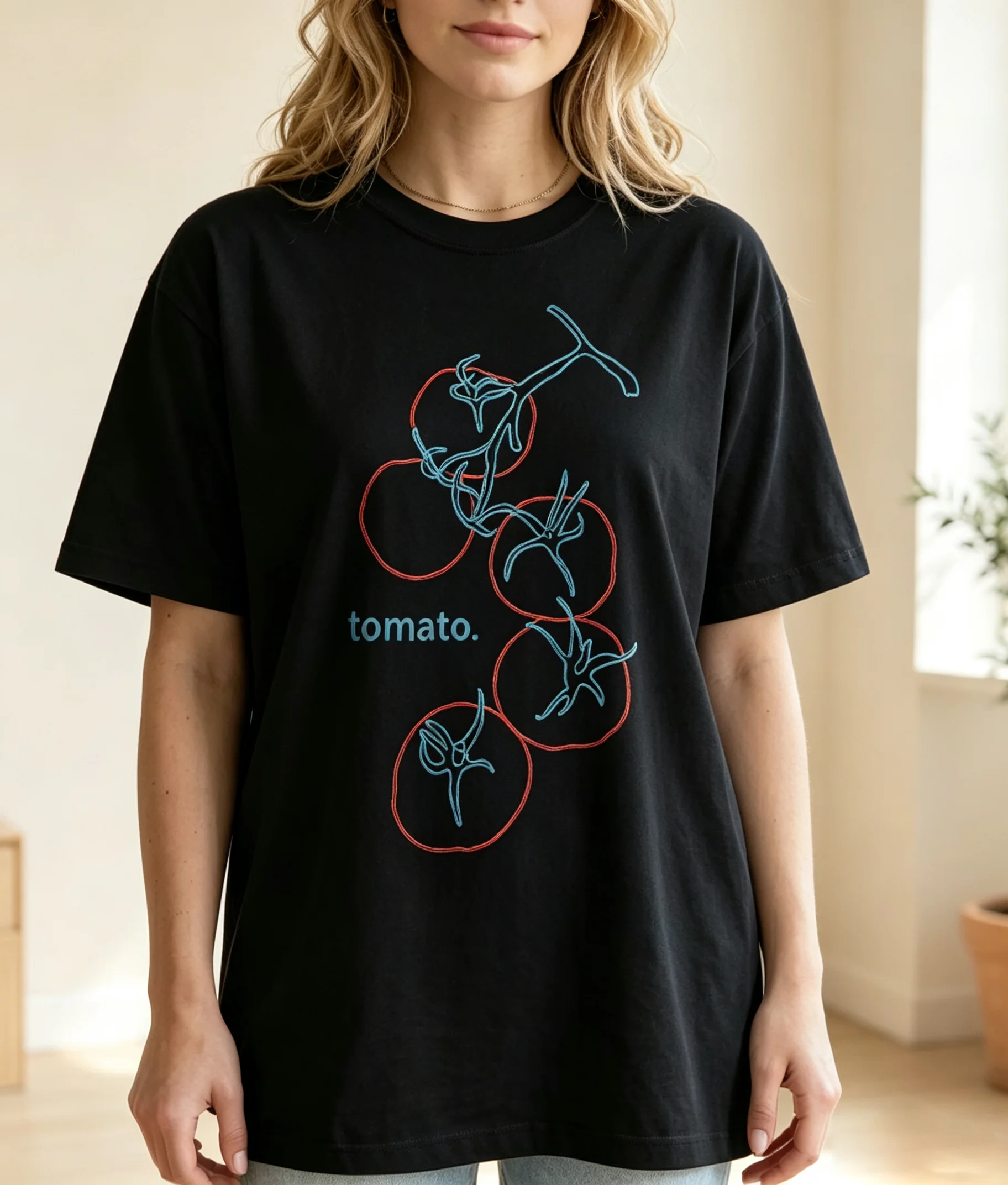 Minimalist Line Art Tomato Graphic T‑Shirt Simple Abstract Fruit Print Crewneck Casual Unisex Daily Streetwear Tee Tops