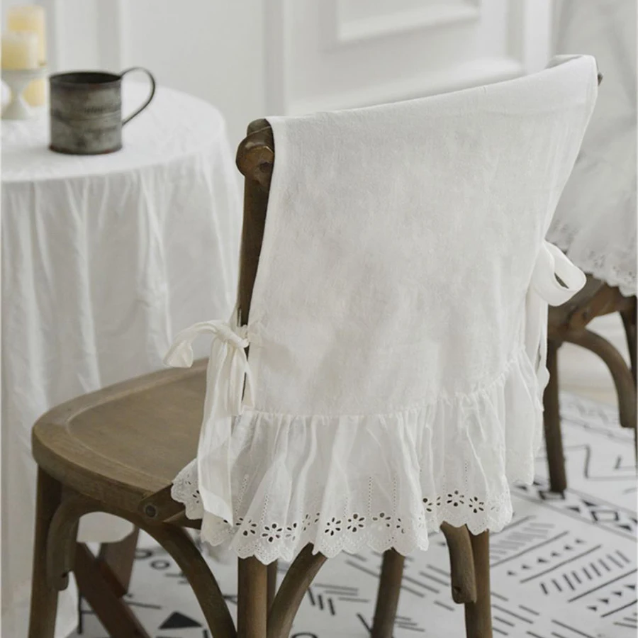 Elegant White Cotton Chair Back Cover Household Wedding Decoration Embroidered Flounced Hollow Out Lace Romance Chair Covers