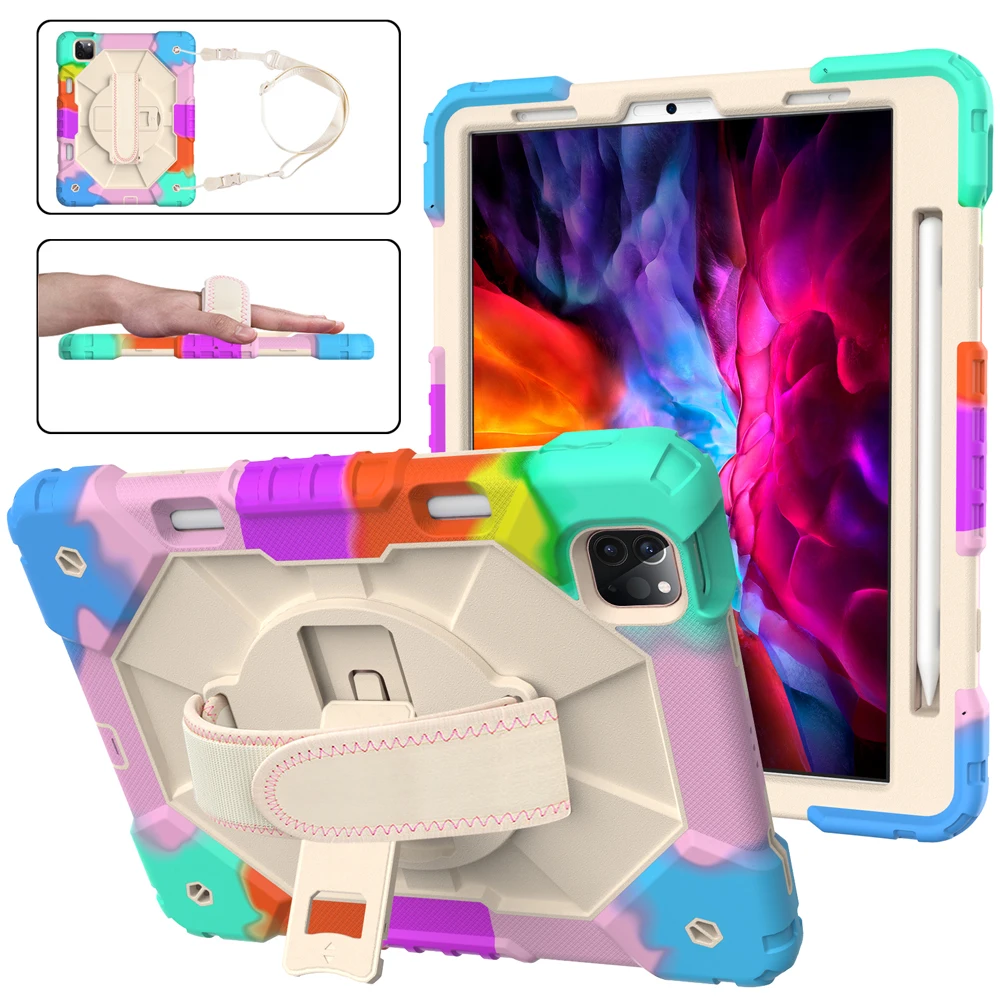 

For iPad Pro 11 Case 2021 2020 2018 iPad Air 4 10.9 Shockproof Rugged Cover with Pencil Holder Kickstand Hand Shoulder Strap