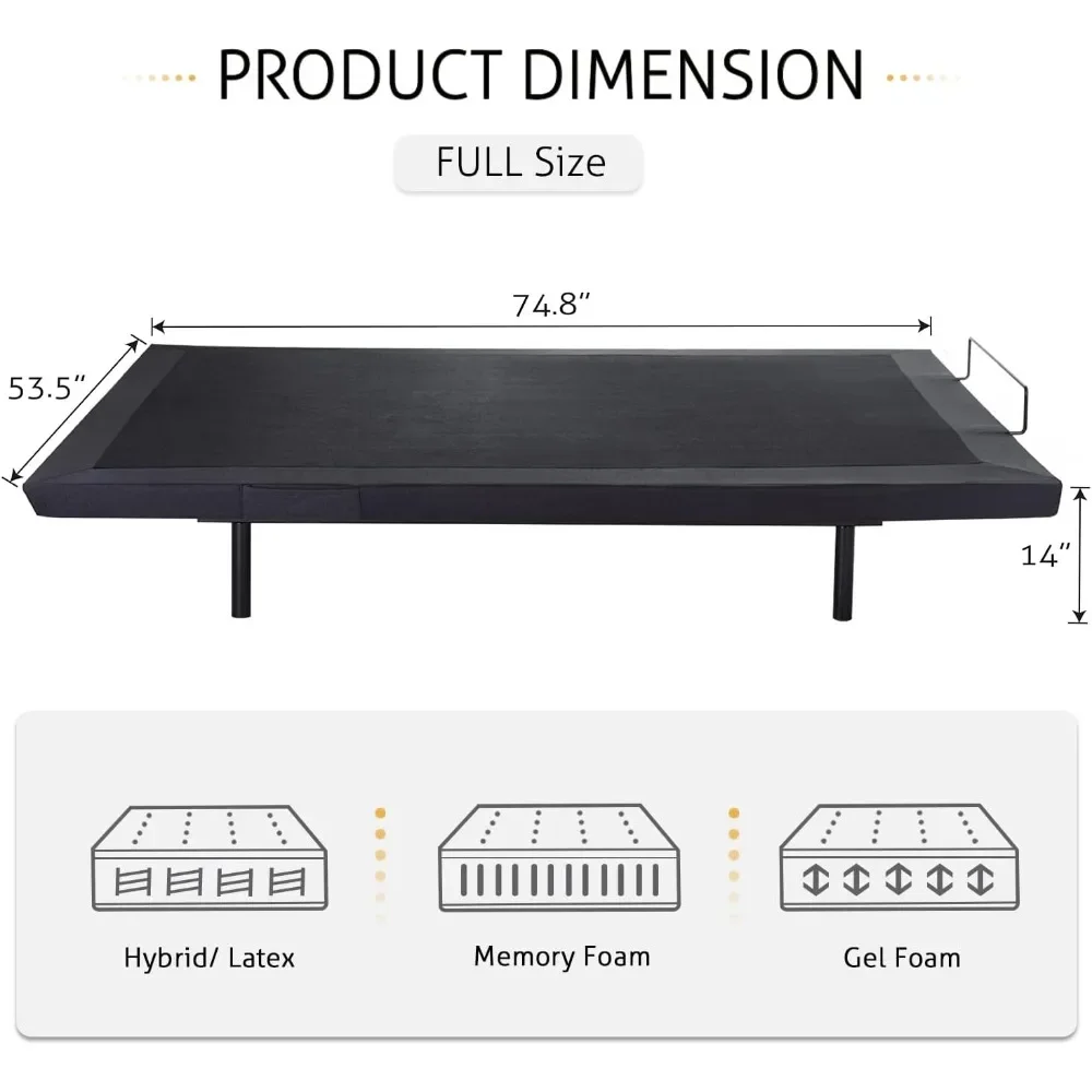 Full Adjustable Bed Frame Upgraded Motors, Wireless Remote Control, Independent Head