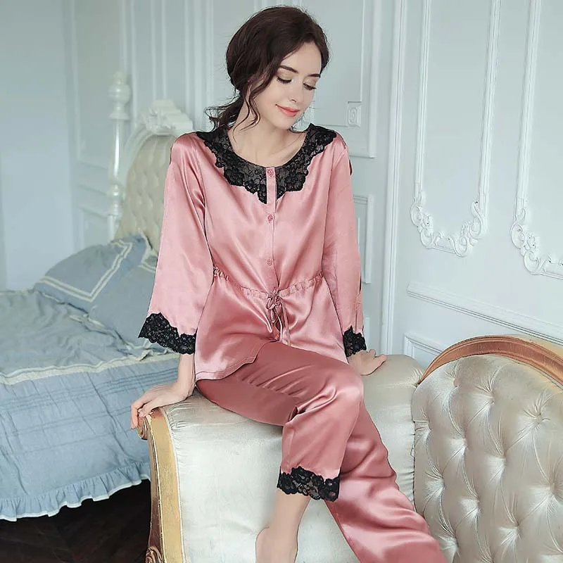 Women's Lace Trim Silk Pajamas Set Two Piece Outfit 100% mulberry silk Sexy Waisted Top with Pants Loungewear Satin Sleepwear PJ