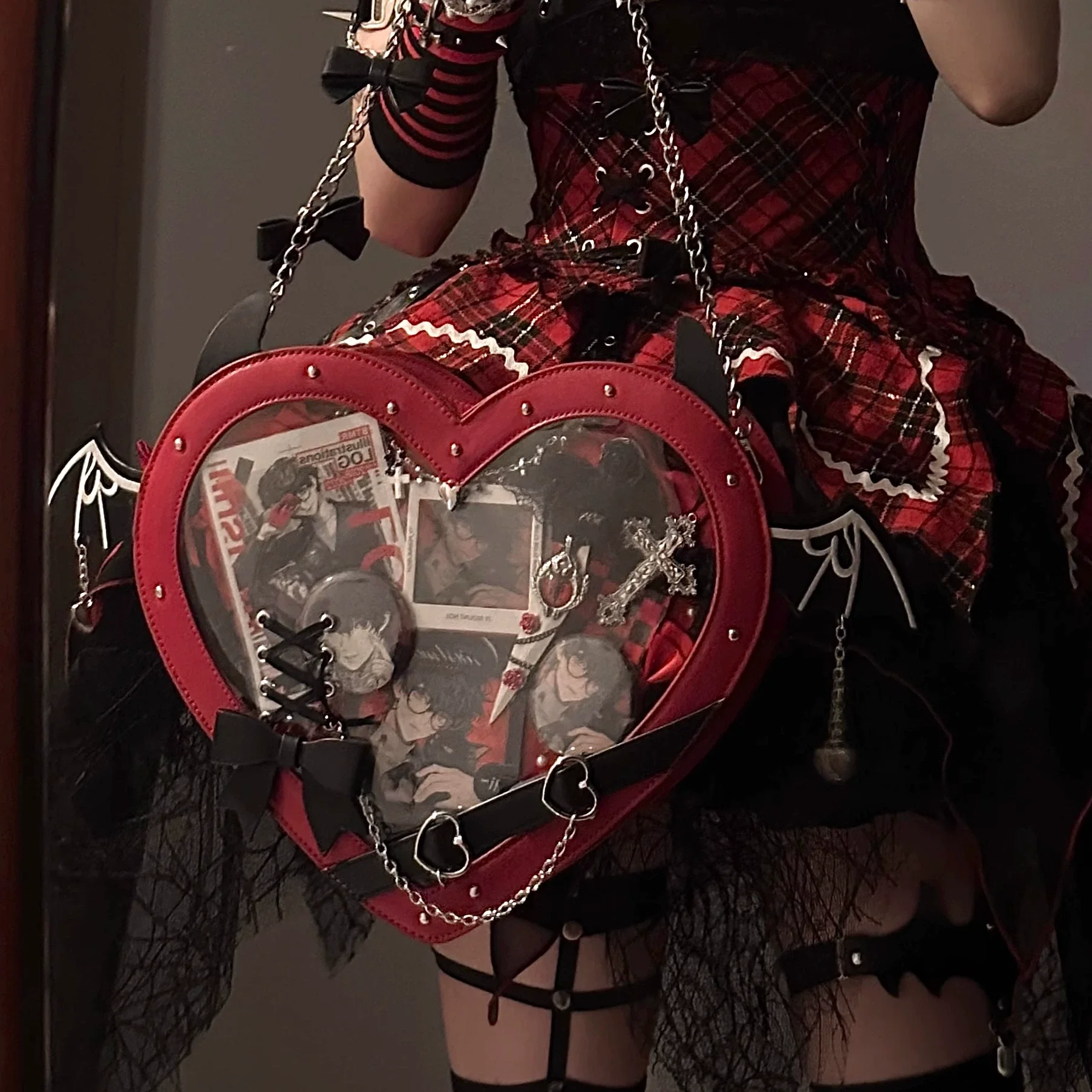 

Gothic Punk Y2k Belt Wings Shoulder Handbags Kawaii Heart Bandage Bow Underarm Bag Transparent Fashion Sweet Ita Bags for Women