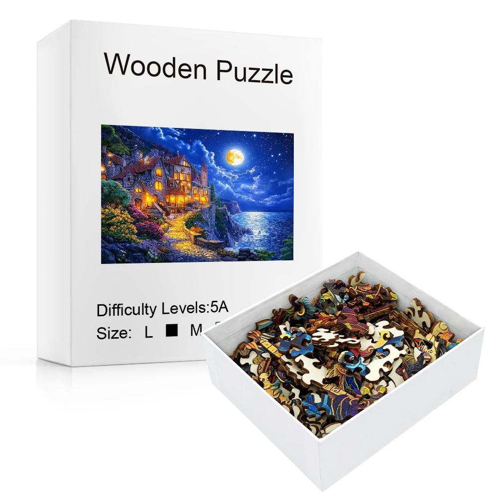 Maanverlichte houten puzzel van kustkasteel met unieke stukjes in de vorm van een dier, uitdagende puzzel voor volwassenen, ideaal cadeau en thuis D