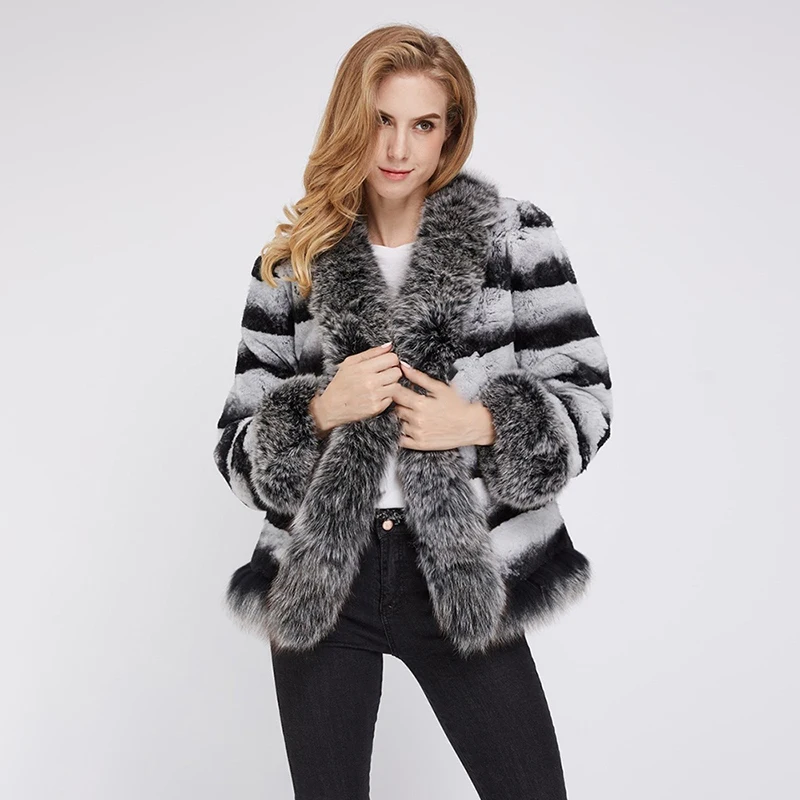 Fox Fur The Cuff Collar Real Rex Rabbit Jacket Women Winter Fashion Contrast Color Warm Tops Genuine Luxury Fur Jacket Female