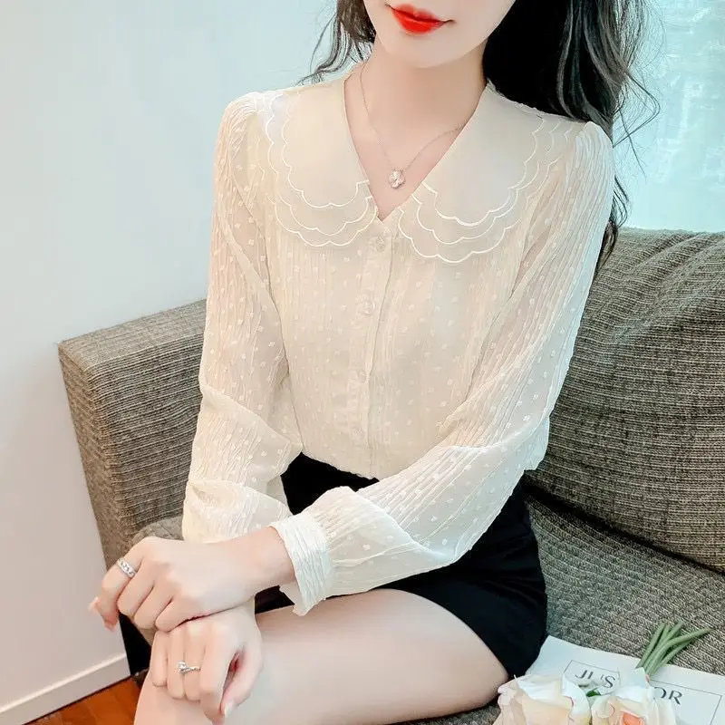 

Sweet Preppy Style Solid Color Button Shirt Casual All-match Fashion Women Peter Pan Collar Blouse Spring Autumn Female Clothing