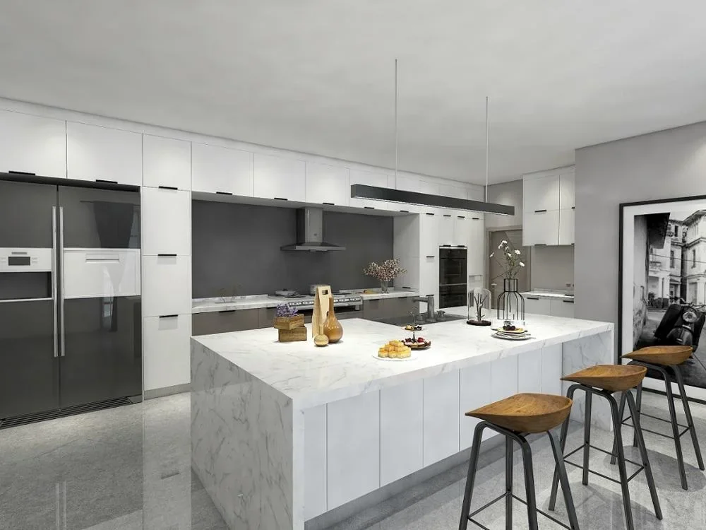 Modern White and Grey Acrylic Kitchen Cabinets With Two Tone Edge Banding Door and Soft Closing Hinge Slider