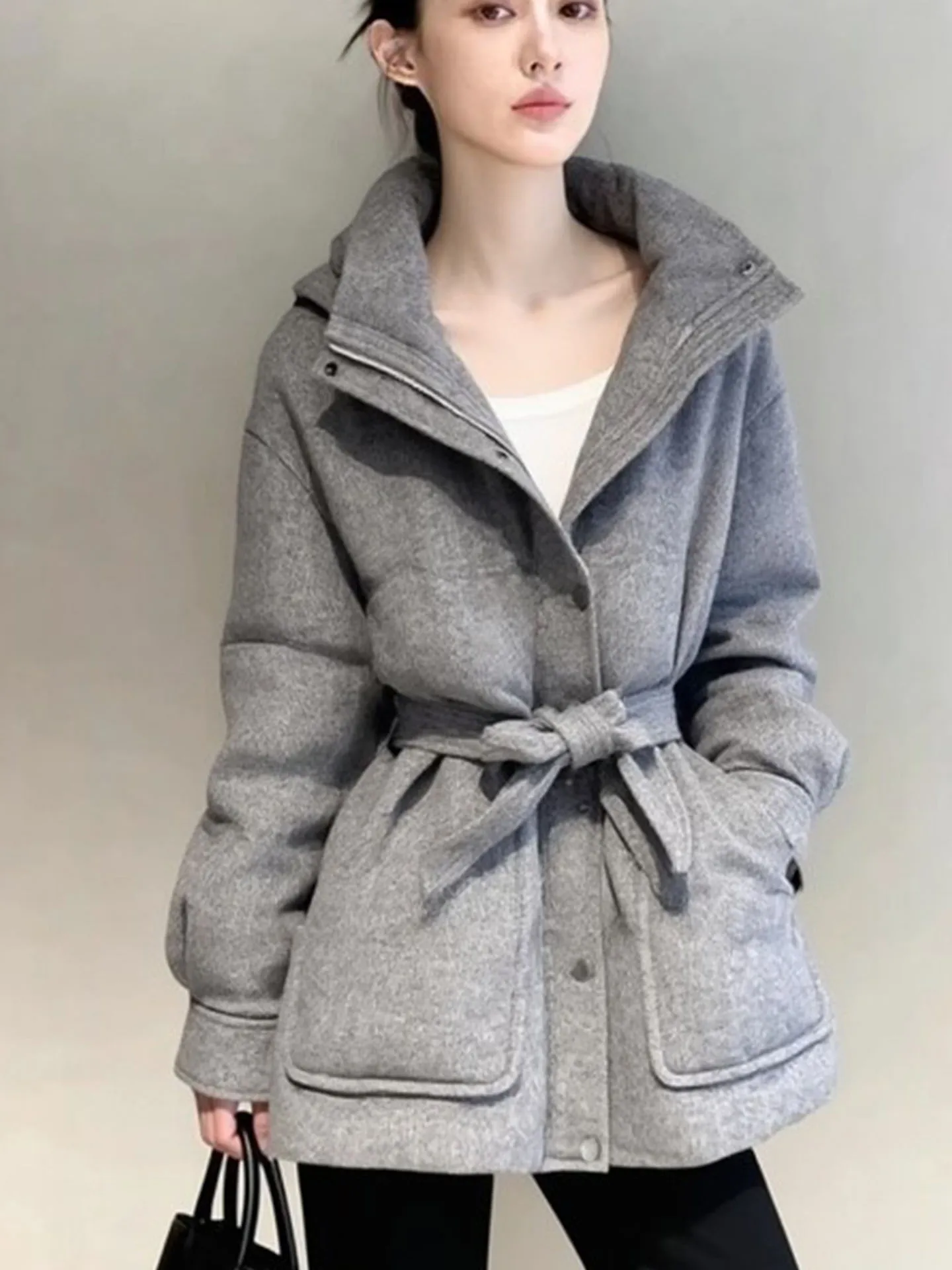 Ele ey Casaco feminino de comprimento médio com capuz Jaet Thi quente e emagrecedor casual Sle Stand Fit branco Du down