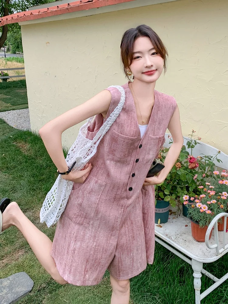 

Pink Korean Style Sleeveless Romper Women's Mid-Length Loose Slimming V-Neck Overalls High Waist Short Pants Polyester Straig...