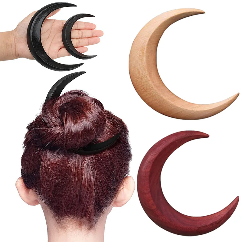 Retro Wooden Moon Hair Sticks Solid Hand Carved Wood Crescent Hair Forks for Women Hairpin Comb Clip Styling Retro Hair Jewelry