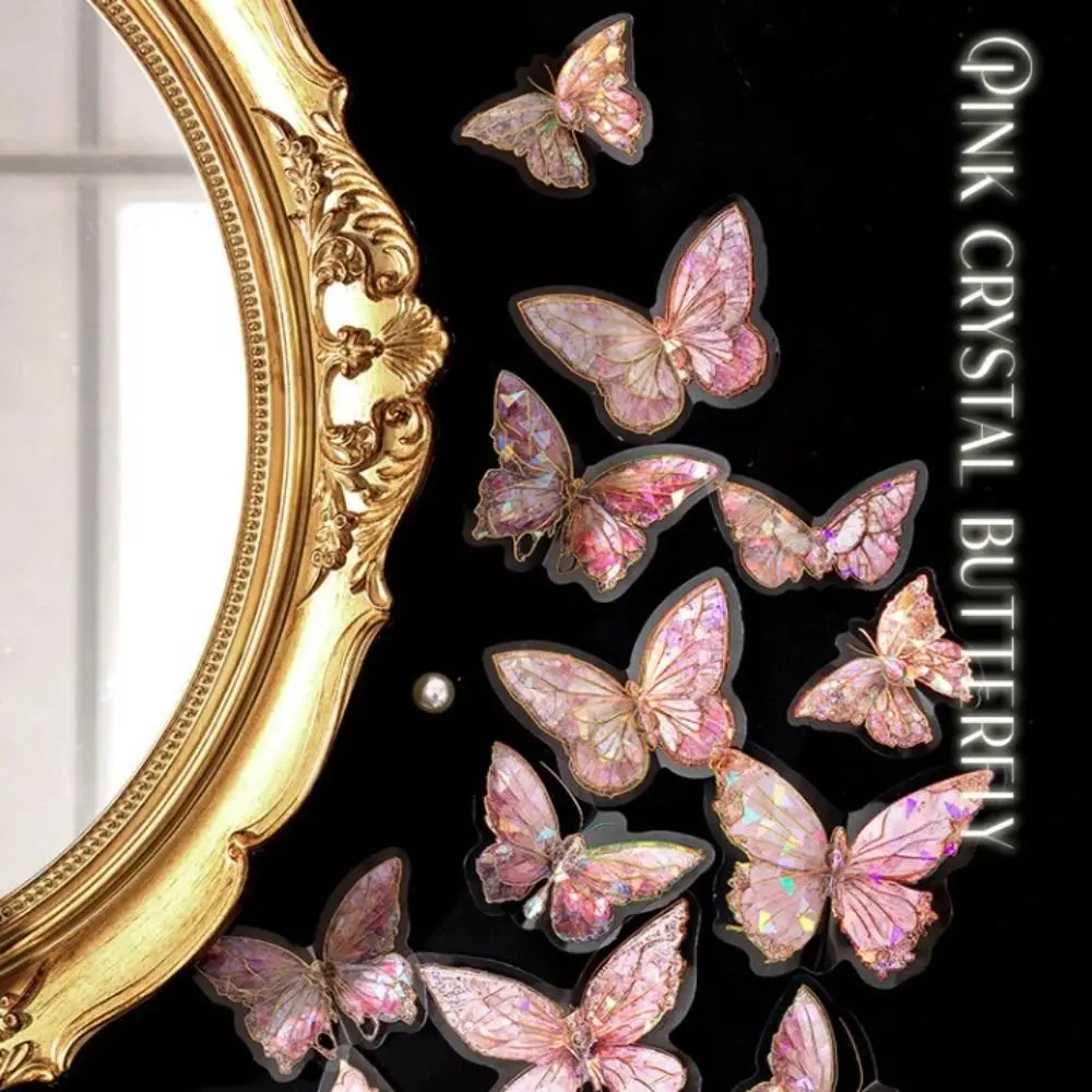 20pcs/bag DIY Crafts Ice Crystal Laser Butterfly Sticker Handmade Decorative Butterfly Collage Sticker Bling PET Diary Album