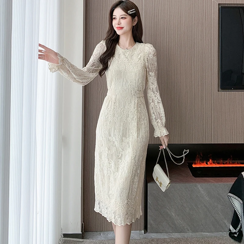 Autumn Winter Whtie Lace Jacquard Long Dress Women Chic Beading O