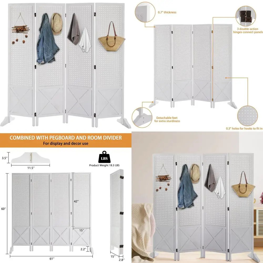 

5-Foot Wooden Room Divider with Folding Panels for Craft Shows, Events, and Retail Spaces (White, 4-Panel)