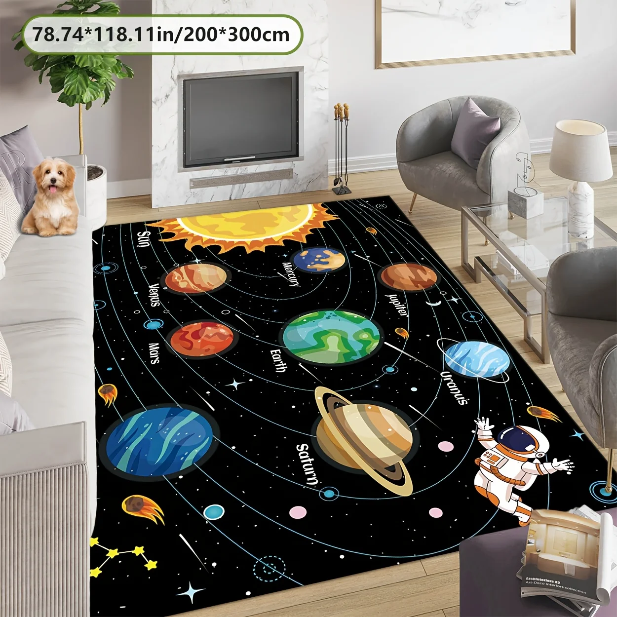 VIKAMA Boys Bedroom Home Rug Cartoon Solar System Planet Astronaut Galaxy Orbit Space Pattern Anti‑Slip Washable Indoor Floor