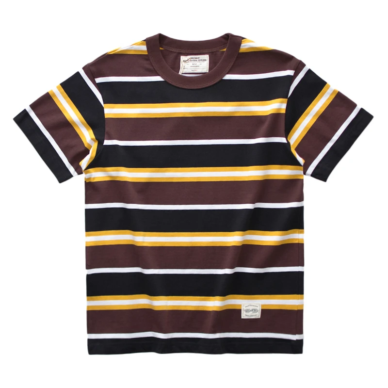 New summer hipster men\'s heavy retro chunky striped cotton crewneck short sleeve T-shirt