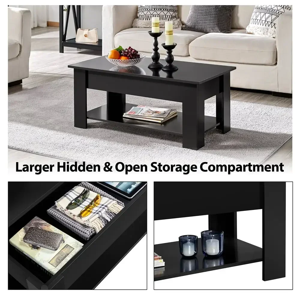 Modern 39in Lift Top Coffee Table with Hidden Compartment & Storage for Livingroom, Black