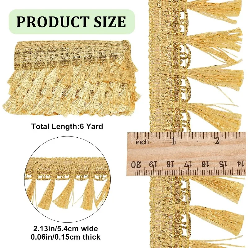 6 Yards Gold Fringe Tassel Trim 2.13” Polyester Fibre Fringe Lace Trim Ribbon Knitting Tassel Metallic Braided Edging Chainette