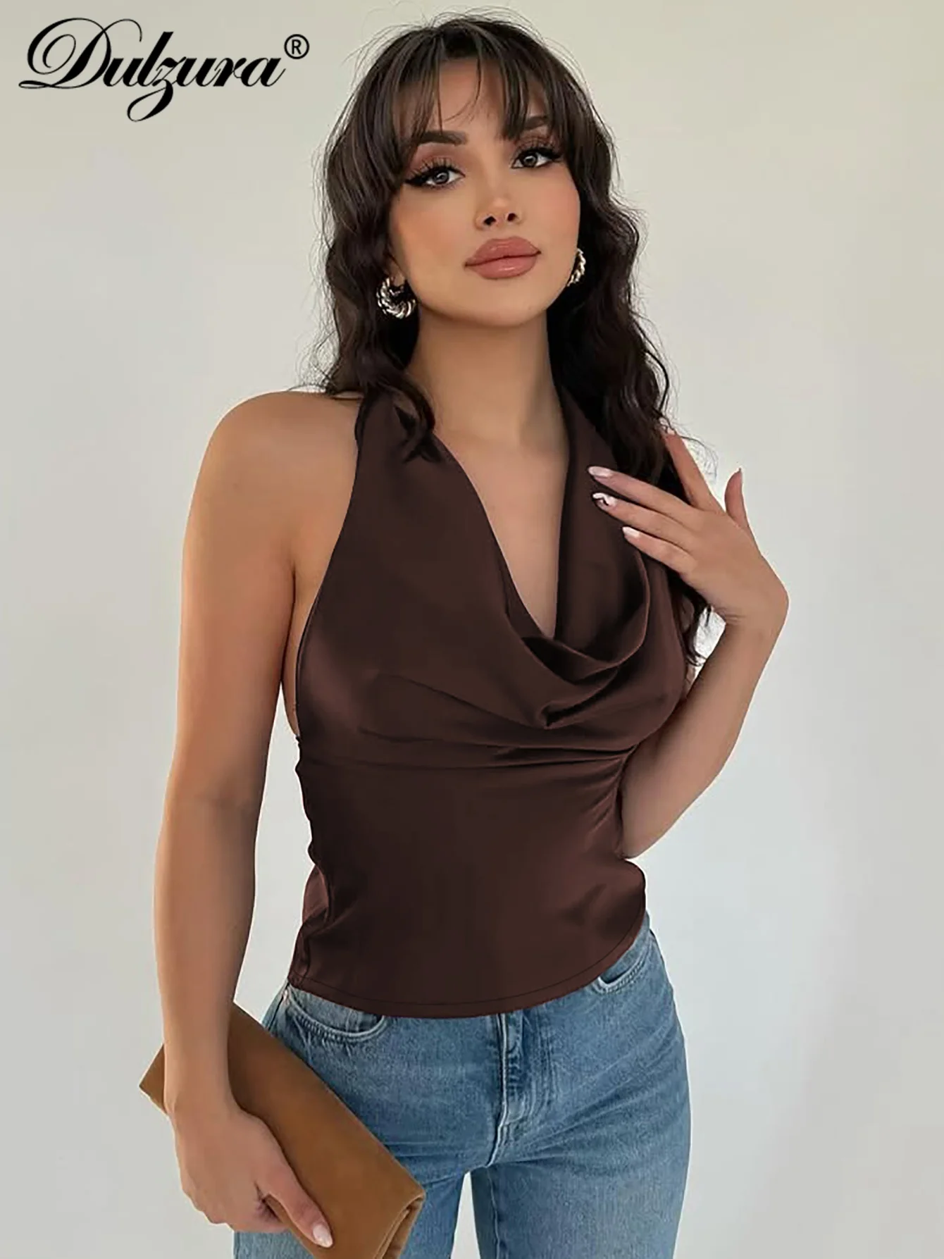 Dulzura укороченный топ без рукавов с лямкой на шее и рюшами на шнуровке с открытой спиной, однотонный повседневный элегантный топ Y2K, клубный уличный летний наряд