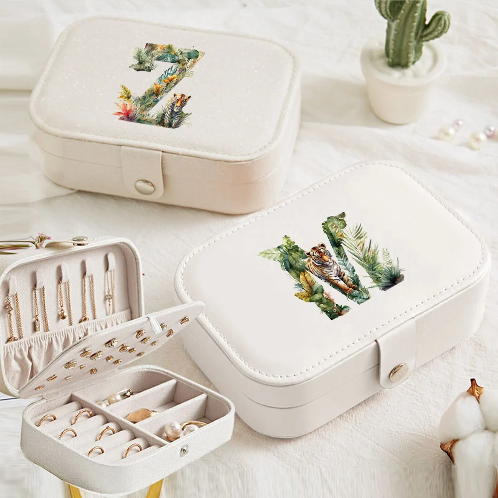 Portable Waterproof Jewelry Earrings Storage Box Jungle Tiger Letter Print Pattern PU Leather Jewel  Make Up Makeup Jewelry Box