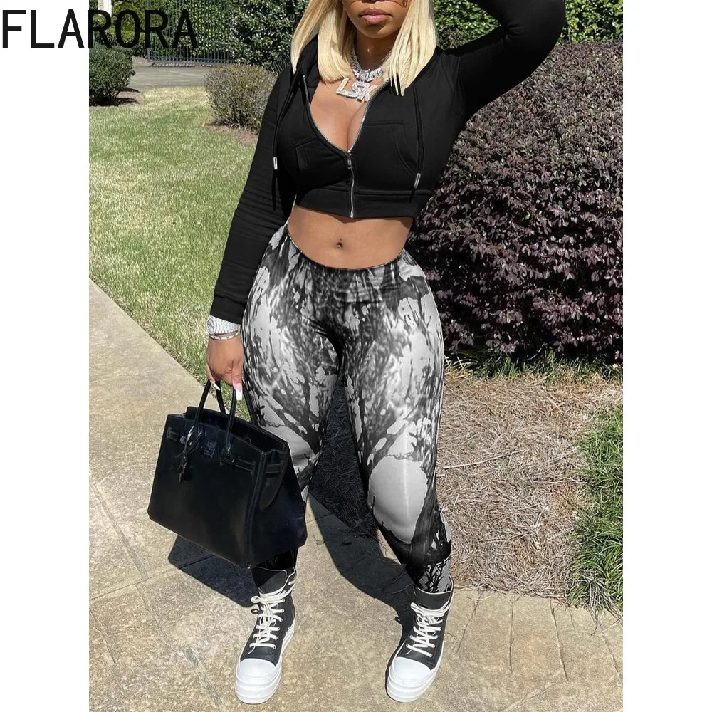 

FLARORA Fashion Print 2 Pcs Sets Woman Long Sleeve Hoodies Zip Crop Coats And Skinny Yoga Pants Outfits Autumn Street Tracksuits
