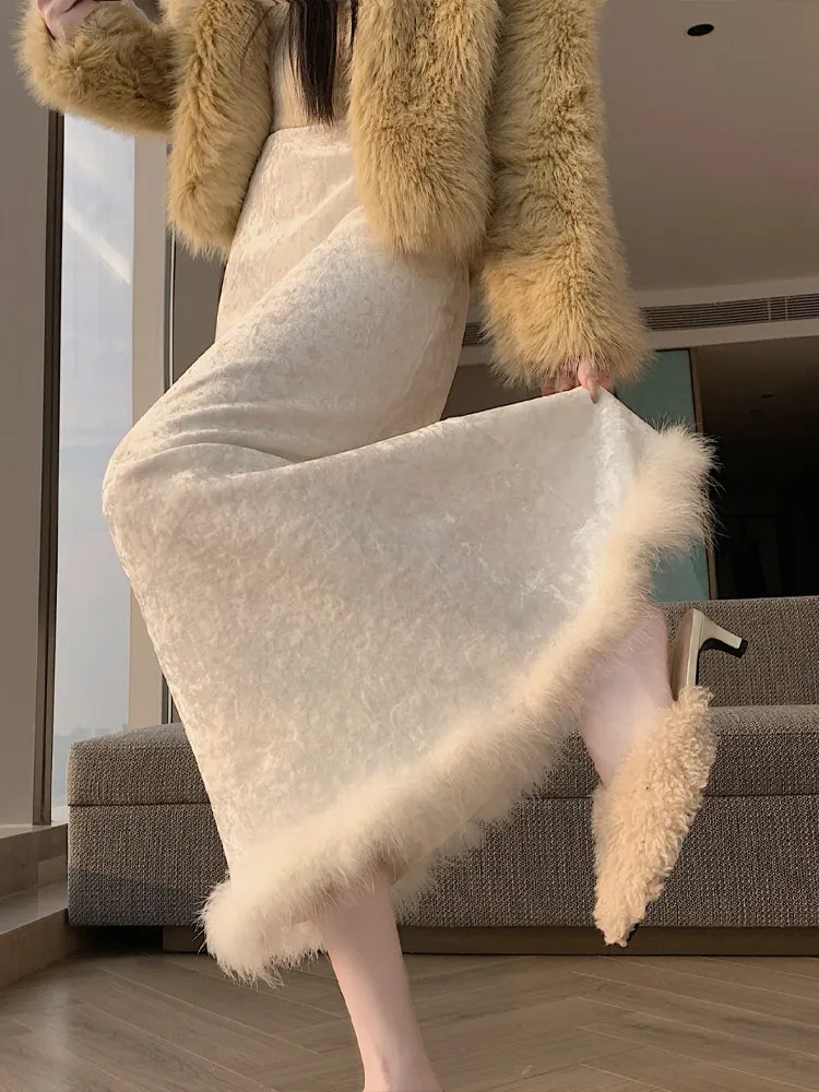 

Soft Plu Splicing Fce Lined Long a Line Skirt Women Winter Thiened Wrap around Fi Tail Skirt Drapey Sle Umbrella S...