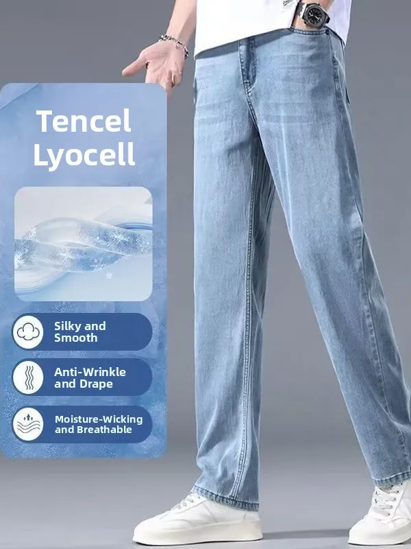Celana Jeans Pria Sutra Es Musim Panas Ultra Tipis Celana Panjang Elastis Kasual Ukuran Besar Kaki Lurus Longgar Tren Remaja Tahan Aus