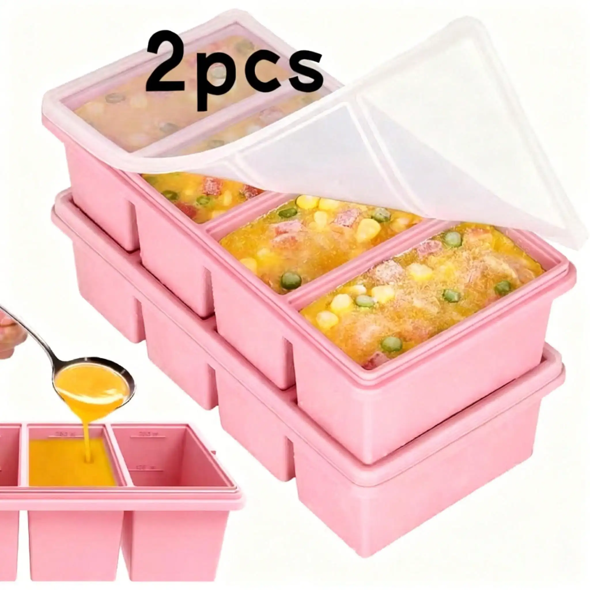 2 Pack Silicone Freezer Trays with Lids, 1-Cup Soup Storage Ice Cube Trays, Leakproof Stackable Containers for Broth, Leftovers & Meal Prep
