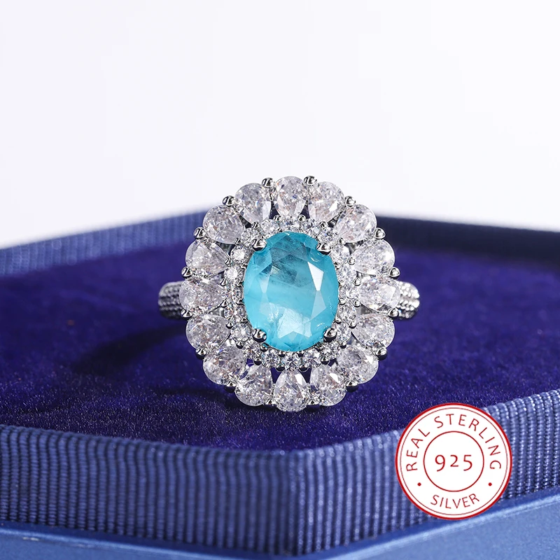 Luxurious Paraiba Sapphire Flower 925 Silver Plated Couple Ring for Women Geometric Zirconia Anniversary Gift Jewelry