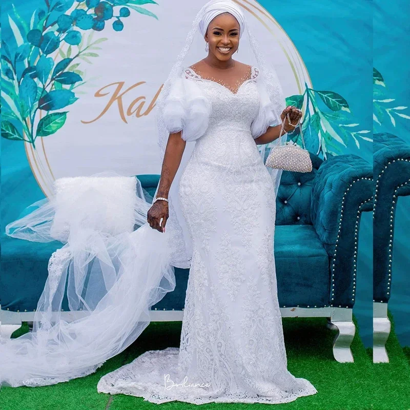 

Customized Popular V Neck Shinny Lace Beads Mermaid Wedding Dresses Robe De Mariee Cap Sleeves African Bridal Gowns