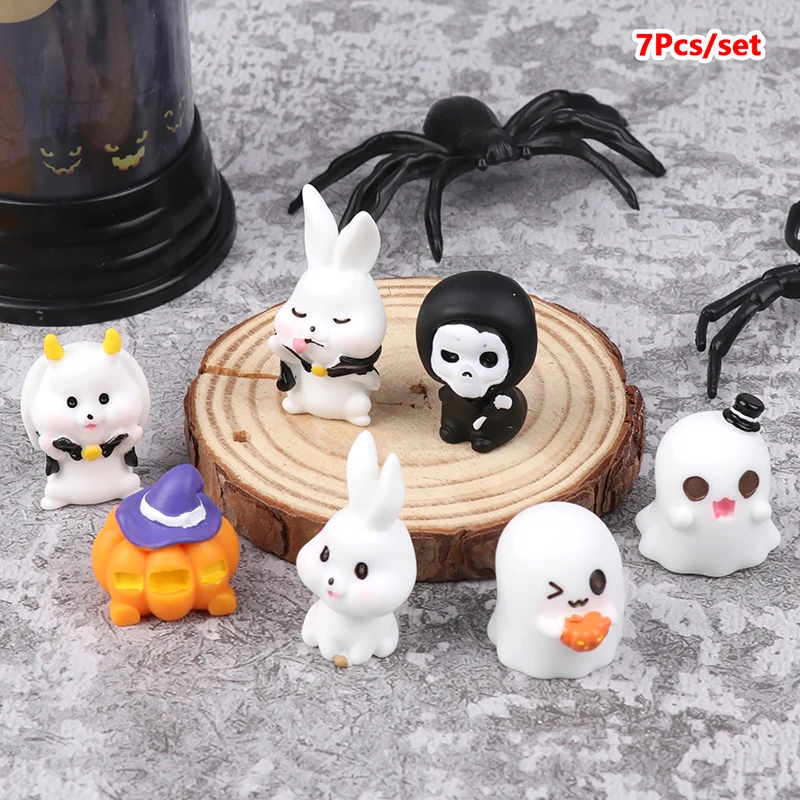 1Set Mini Halloween Ornament Rabbit Ghost Grim Reaper Figurine Pumpkin Rabbit Micro Landscape Decor Dollhouse Toy