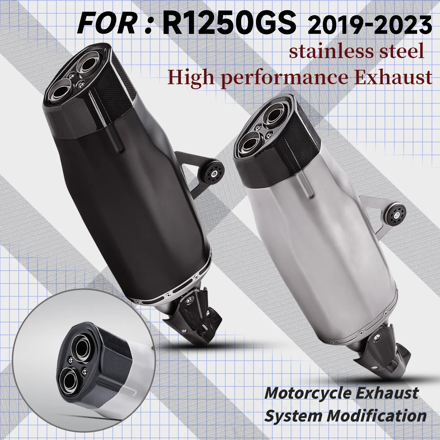 For R1250GS motorcycle exhaust system modified with carbon fiber dual outlet escape muffler with carbon fiber board for R1250GS