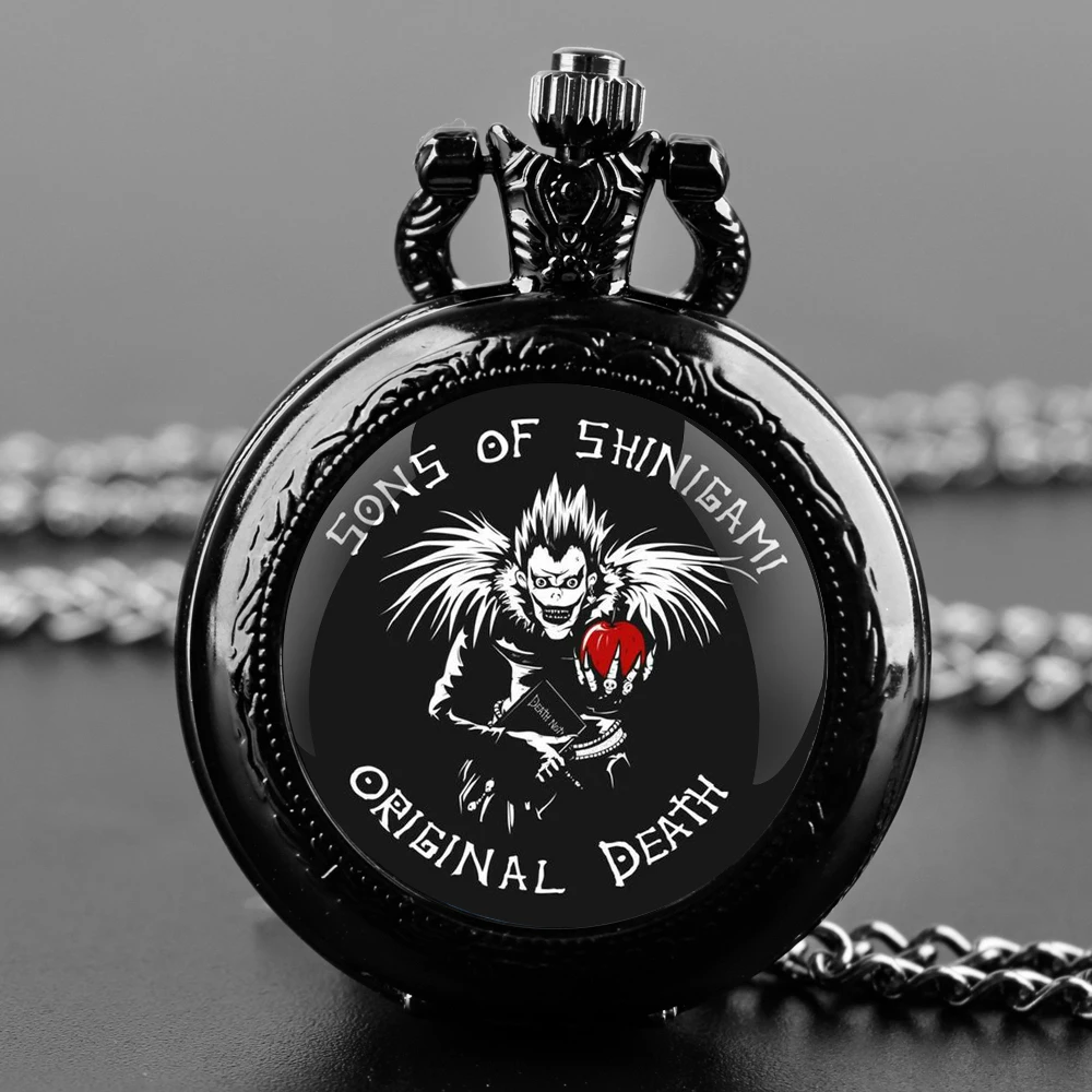 ساعة جيب كوارتز سوداء على شكل قبة زجاجية من Death Note مع قرص أرقام عربية وسلسلة متينة هدية للرجال والنساء