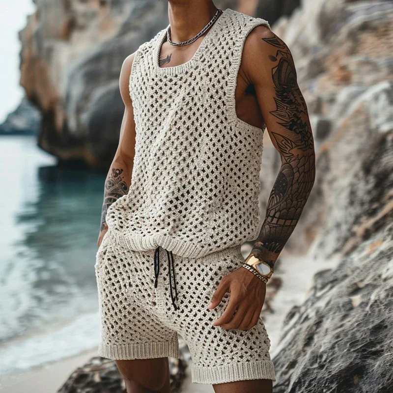 Summer Hollow Out Knitted Two Piece Sets Men Casual Solid Color Sleeveless Tank Tops and Shorts Suits Mens Vintage Knit Outfits