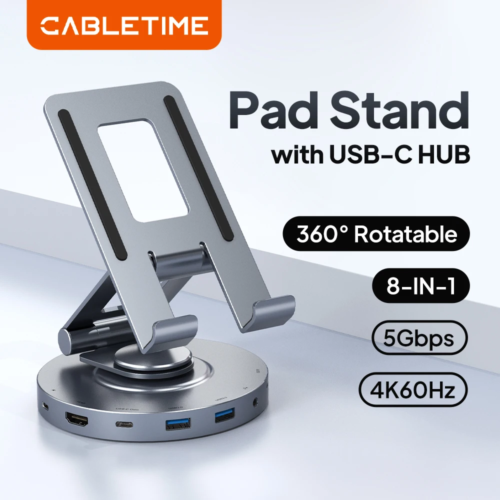cabletime-hub-usb-c-8-en-1-con-soporte-giratorio-de-360°-hdmi-4k-60hz-pd-100w-usb-5gbps-sd-tf-aux-35mm-base-para-iphone-ipad-pro-tablet