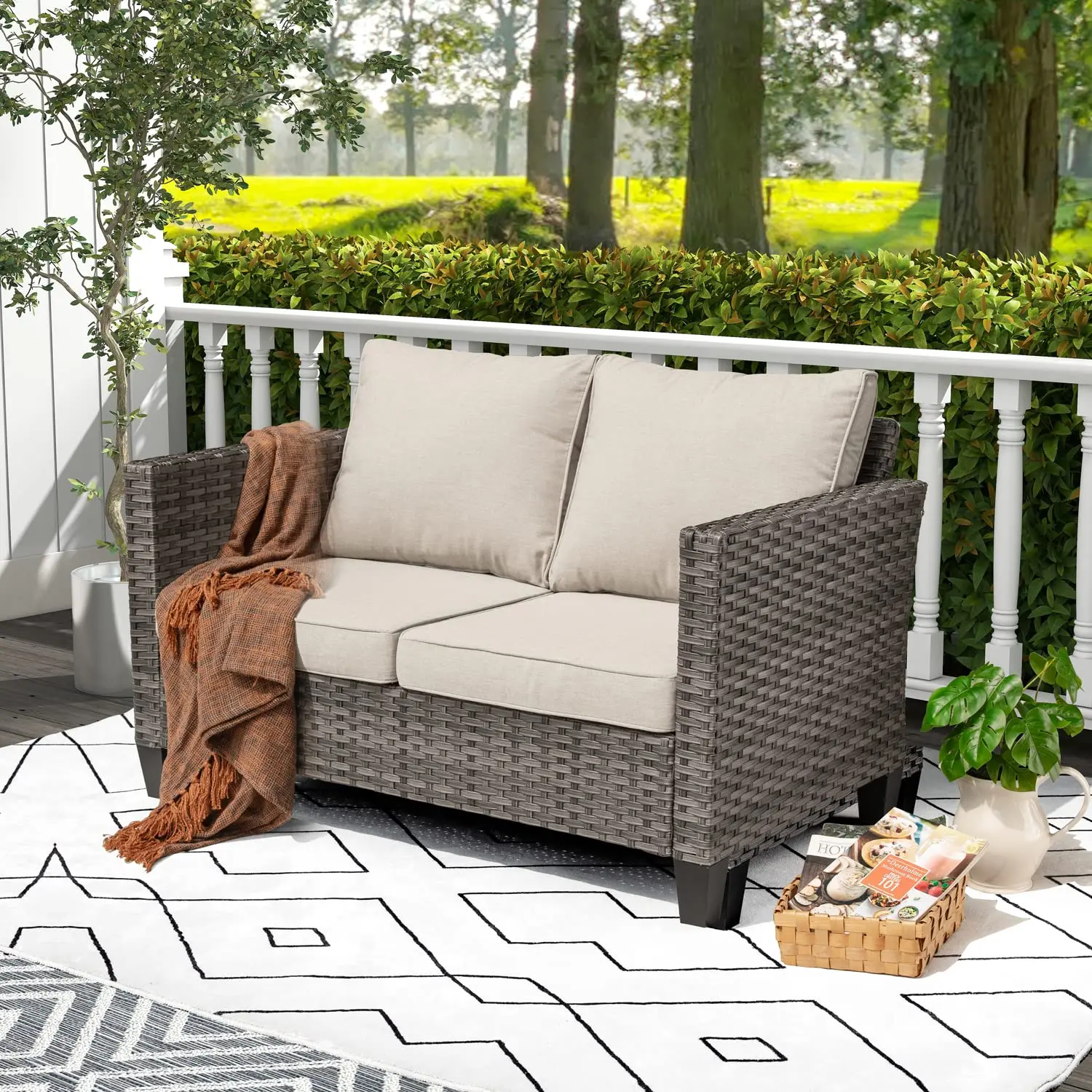 All Weather High Back Deep Seat 2-Seater Outdoor Wicker Rattan Patio Sofa with Comfy Cushions for Porch Garden Deck, Customized