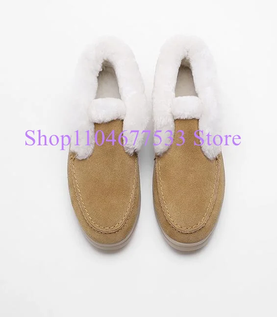 

Lady Flat Fur Boots Fashion Round Toe Warm Snow Boots Woman Slip-on Loafer Shoes Female Casual Booties