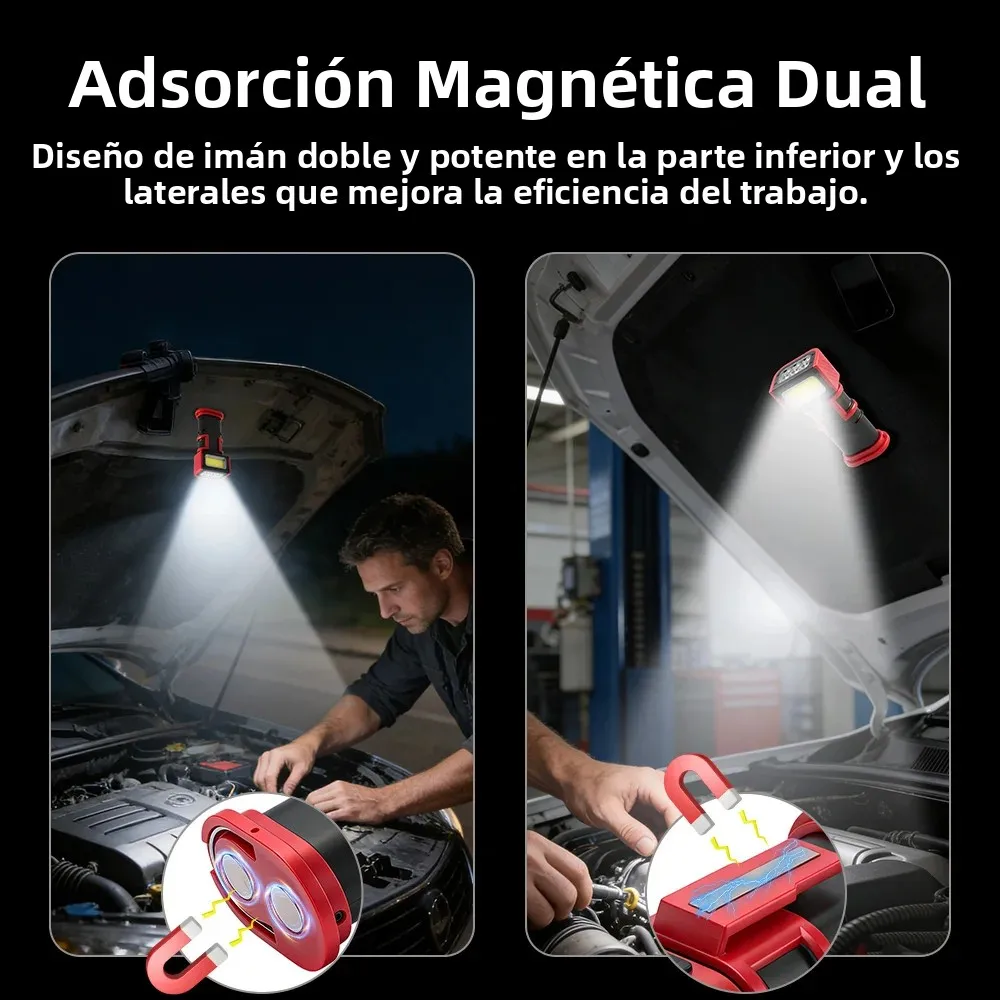 Lámpara de Trabajo LED COB BORUiT de 1000LM, Linterna Recargable Tipo-C con Imán y Gancho, Lámpara de Inspección para Reparación de Automóviles y Camping