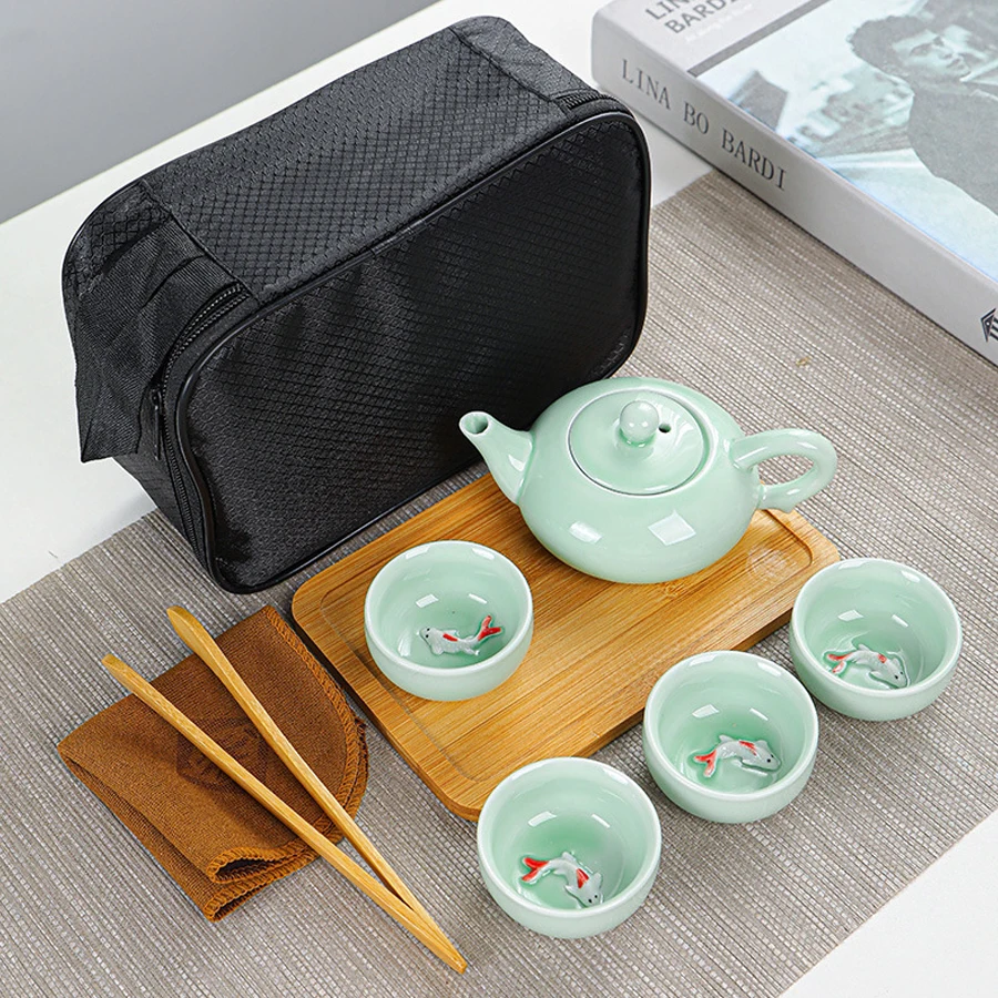 Tea set: 2 cups of celadon carp per pot, 4 cups, 1 tea plate, Kung Fu tea set