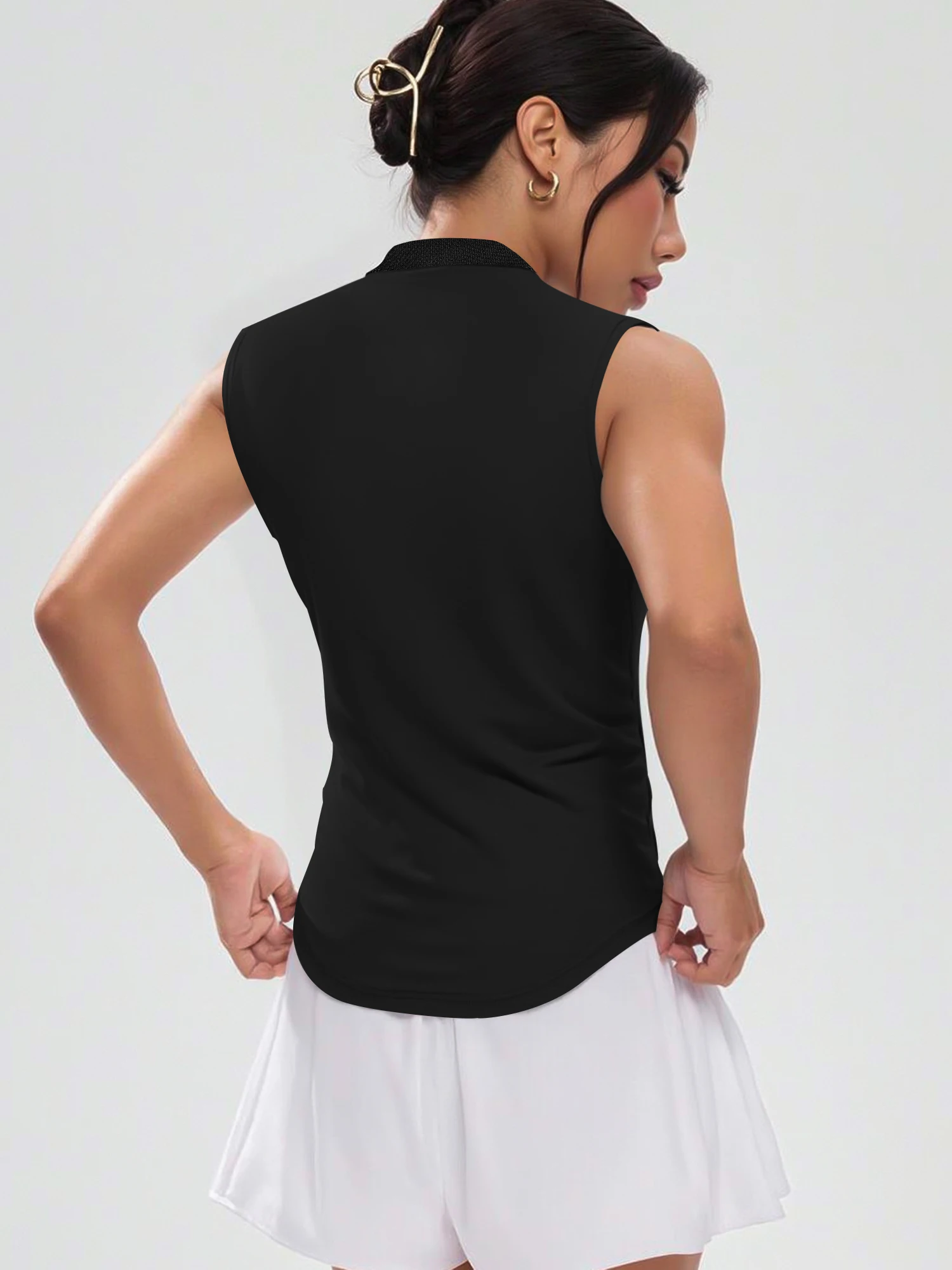 Contrast Collar Sleeveless Polo Tank, Button‑Front Curved Hem Top for Tennis Matches & Golf Course Outfits