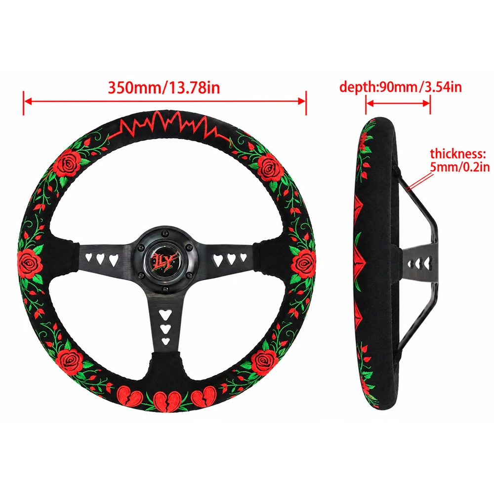 LY 350mm 14inch Heart-Shaped Bracket Rose Embroidery Suede Racing Steering Wheel