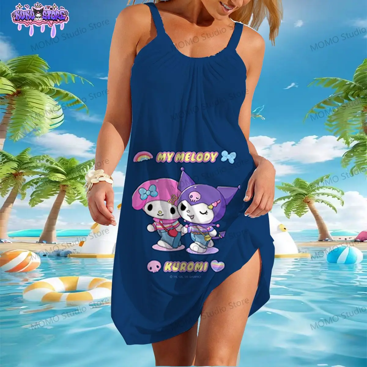 Women's Beach Dresses Kuromi Kawaii S-3XL Y2k Summer Sanrio 2024 Sling Youthful Woman Clothes New Dress Boho One-piece Fashion